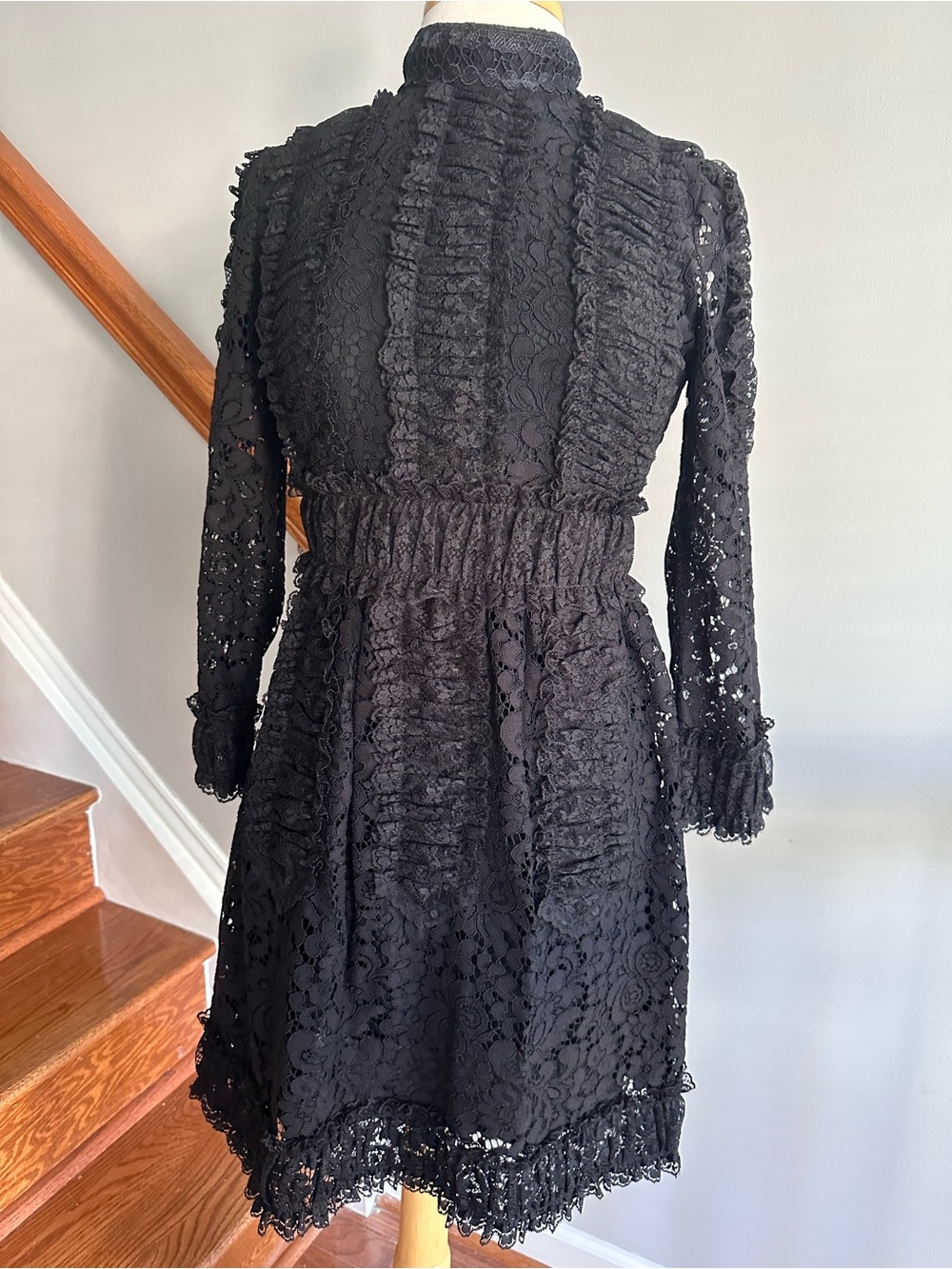 Anna Sui Black Lace Long-Sleeve Ruffled Dress